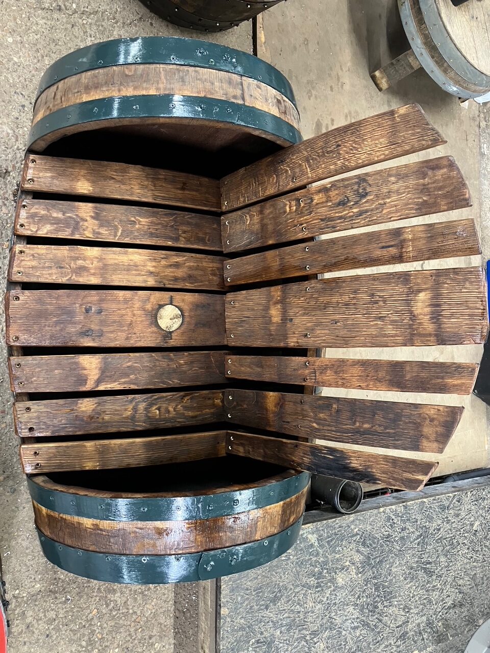 Garden bench seat handcrafted from genuine scottish whisky oak barrel